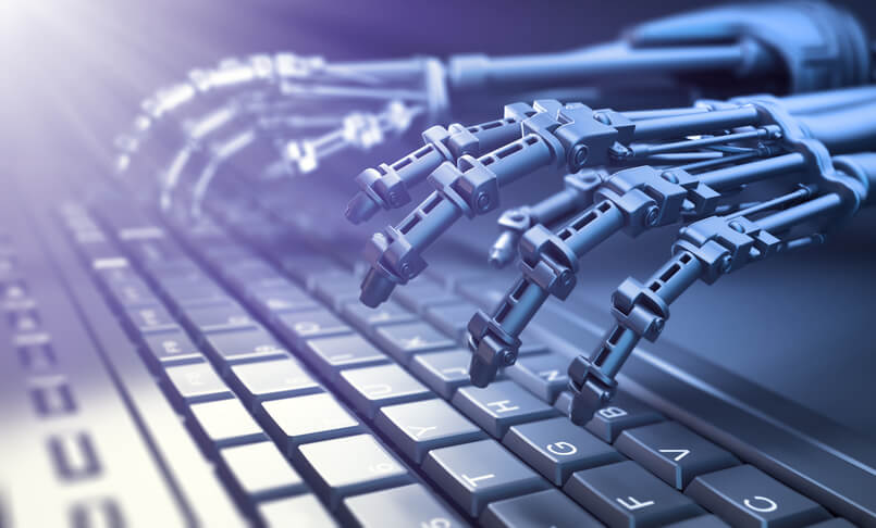 Robot typing on a computer keyboard - automation and AI research concept 3D illustration