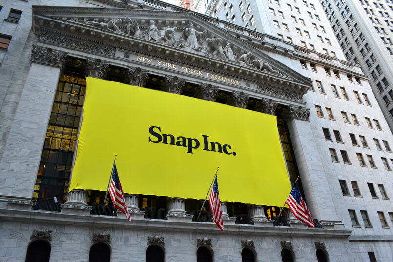 New York City, USA - March 2, 2017 Sign at the New York Stock Exchange marking the Initial Public Offering of Snapchat's parent company, Snap Inc